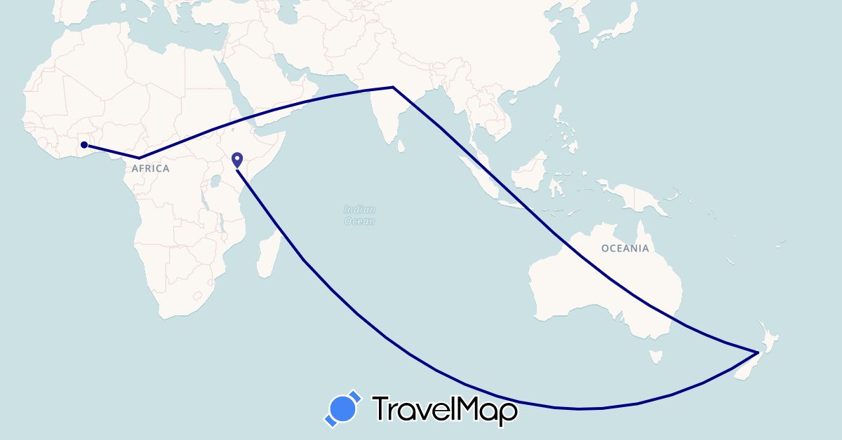 TravelMap itinerary: driving in Cameroon, France, Ghana, India, Kenya, New Zealand (Africa, Asia, Europe, Oceania)